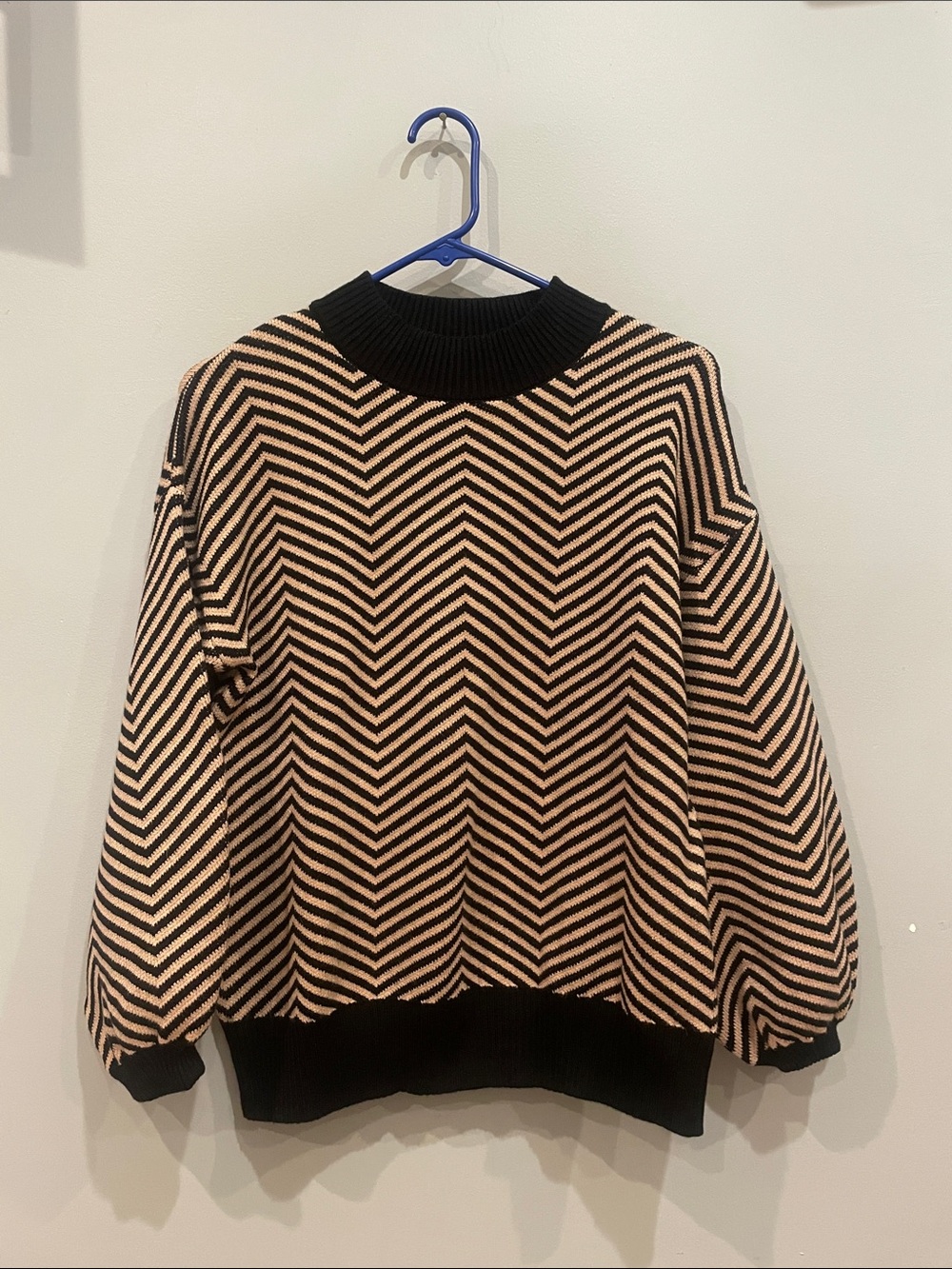 Black and Beige Chevron Knit Sweater - Women's Pullover